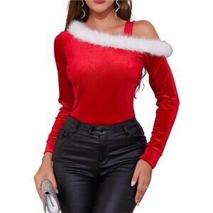 Shoulder Top – Women’s Santa Velvet Off-the-Shoulder Sweater with Fur Trim